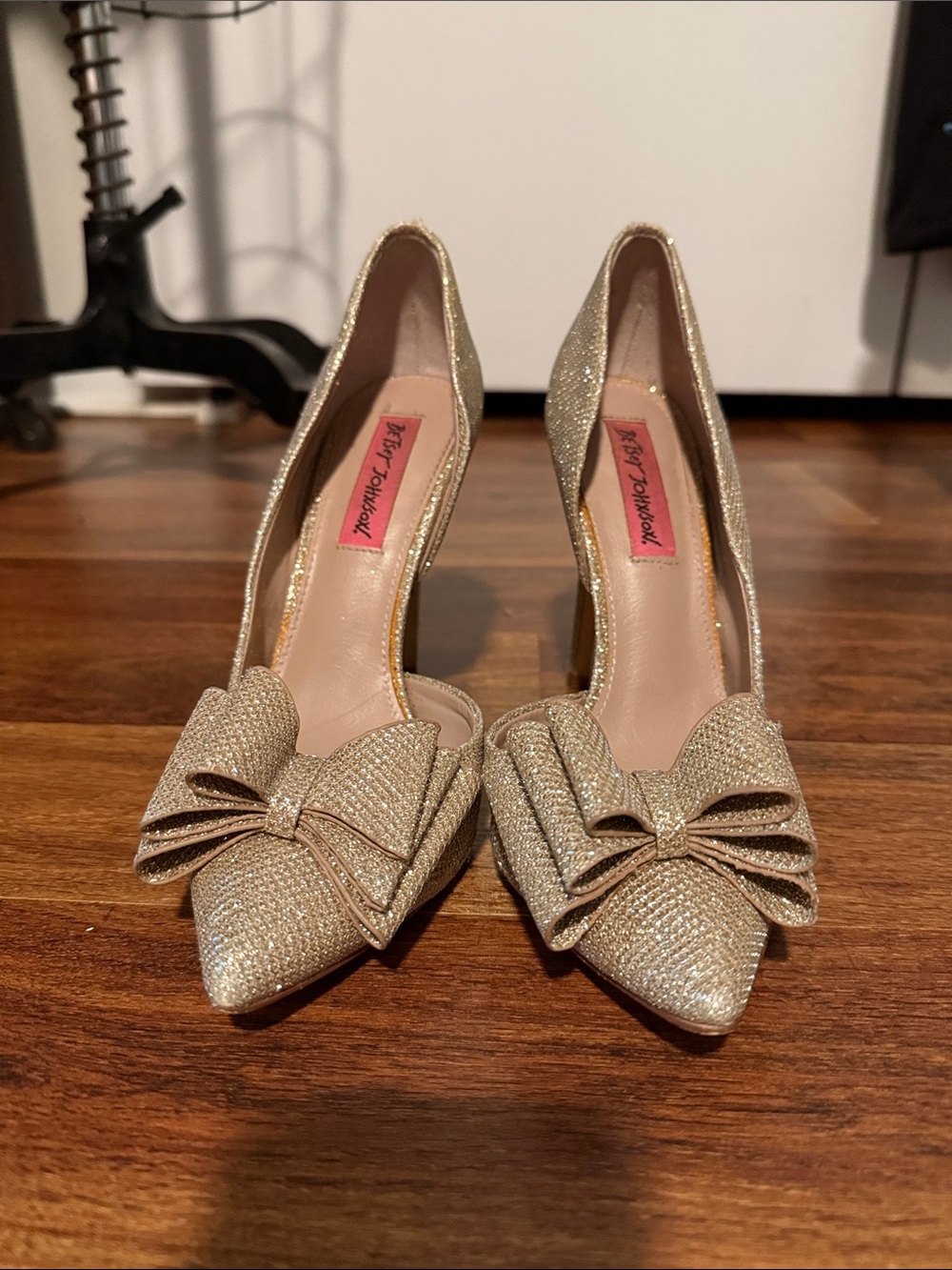 Betsey Johnson Gold Glitter Pointed-Toe Bow Pumps